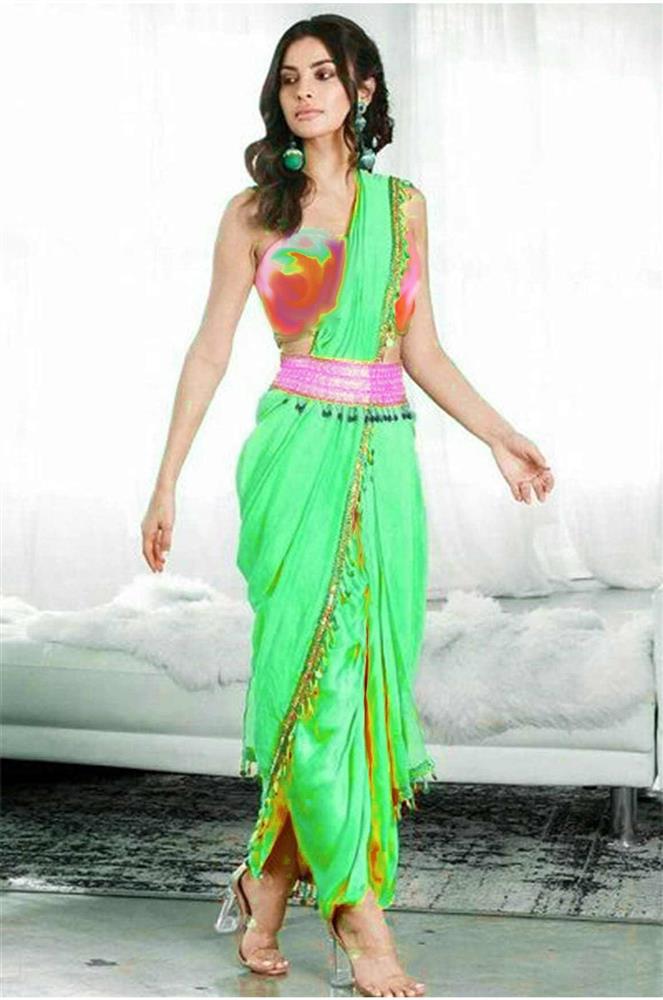 image of pastel mint green saree and dhoti pant with multi-color top and pink belt